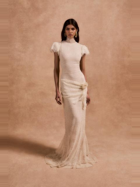 silentium mini dress in ivory lace De La Vali Silentium Lace Mini Dress With Flounce Sleeves - White