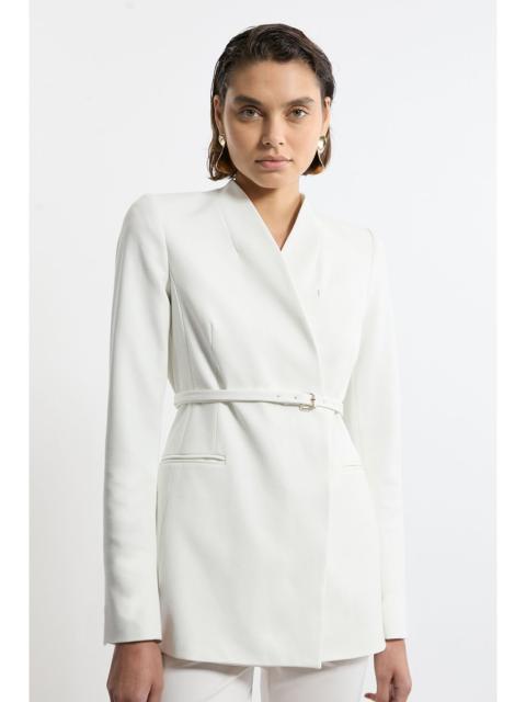 Structured Crepe Tailored Collarless Belted Blazer