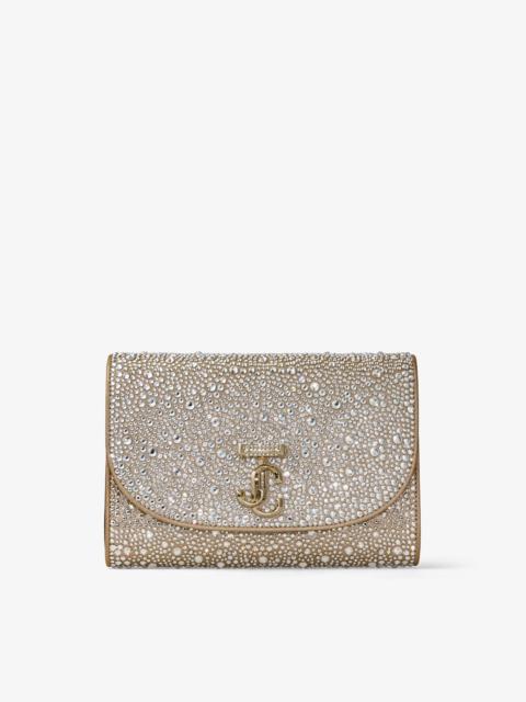 Curve Clutch
Gold Shimmer Suede Clutch Bag with Hotfix Crystals