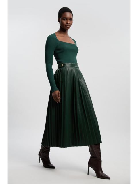 Viscose Rib Pu Mix Tab Detail Pleated Knit Midi Dress