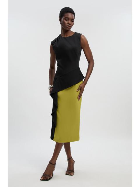 Soft Tailored Asymmetric Neck Draped Waist Detail Midi Dress