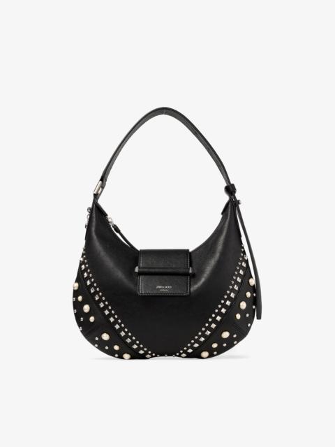 Bar Hobo Small
Black Biker Leather Shoulder Bag with Pearl Studs