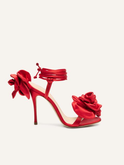 Wrap around double flower sandals in red satin