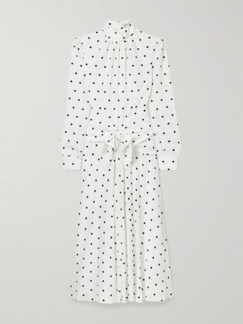 Bow-embellished Gathered Polka-dot Silk-georgette Midi Dress