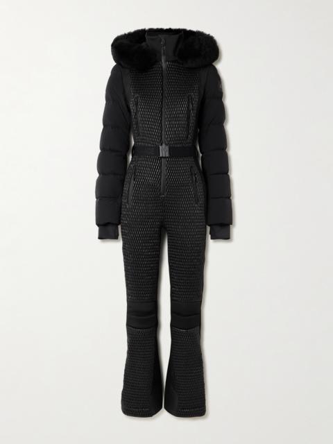 Lorelle Belted Hooded Plush-trimmed Quilted Padded Down Ski Suit