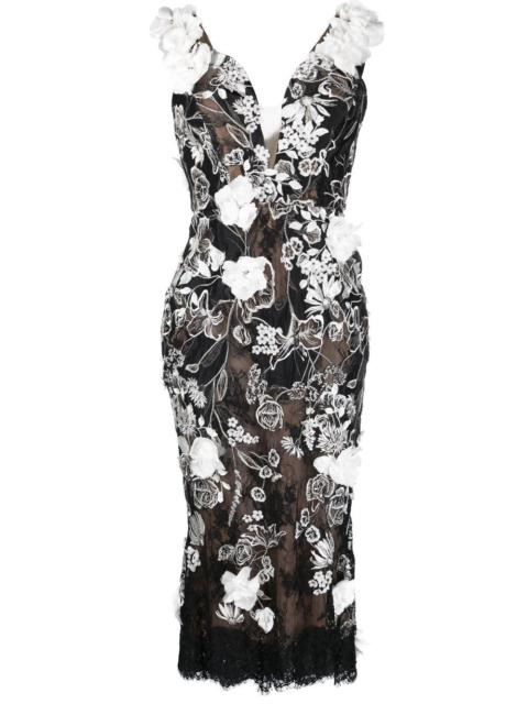 floral-appliqué midi dress