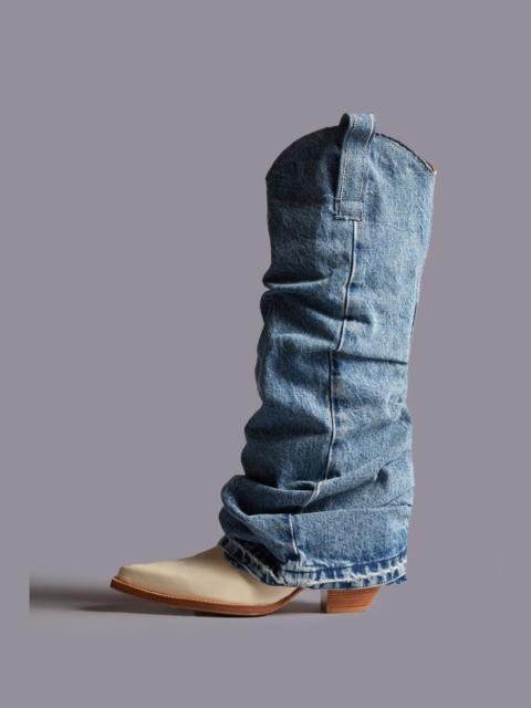 MID COWBOY BOOTS WITH DENIM SLEEVE - BLUE AND WHITE