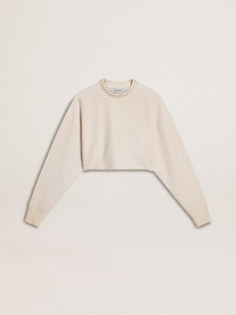 Women's cream cotton cropped sweatshirt with crystals on the front
