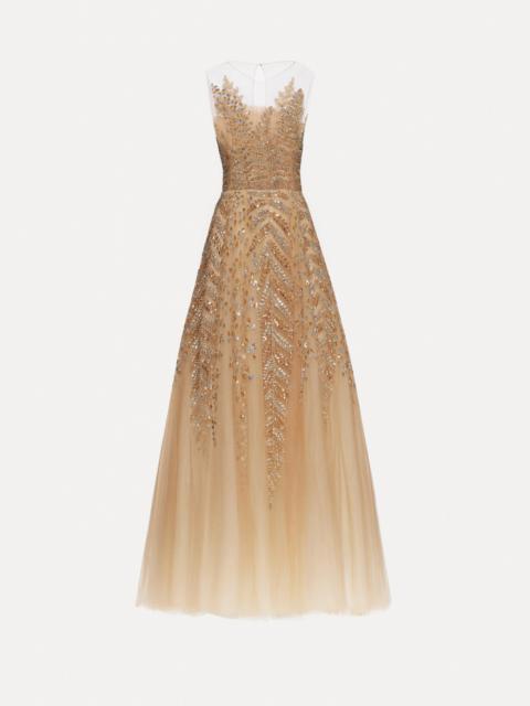 FERN EMBROIDERED ILLUSION COCKTAIL DRESS