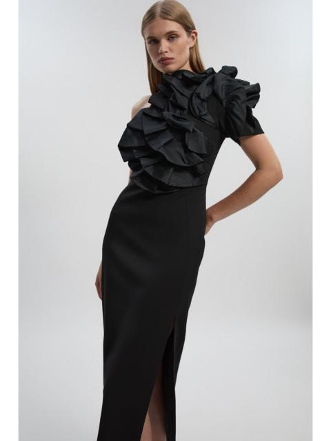 Compact Stretch Taffeta Ruffle One Shoulder Midi Dress