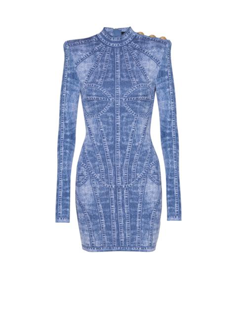 Short jacquard knit dress with denim effect