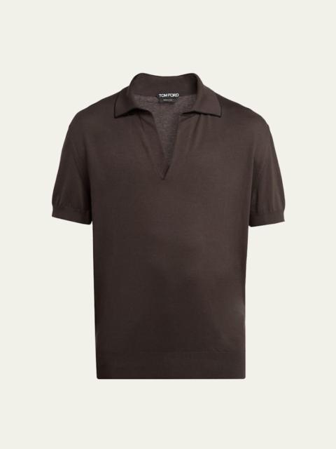 Men's Cotton and Silk Knit Tipped Johnny Collar Polo Shirt