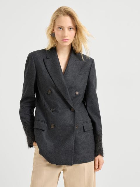 Virgin wool flannel blazer with wispy lace cuffs