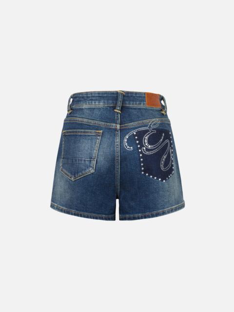 “EV” Rhinestone Embellished Loose Fit Denim Shorts