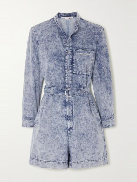 Belted acid-wash denim playsuit