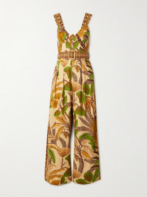 Belted Shirred Printed Linen-blend Jumpsuit