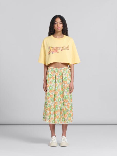 ORANGE AND GREEN PRINTED LINEN SKIRT WITH FLOUNCE