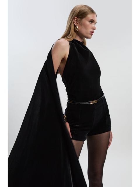 Petite Stretch Velvet High Neck Cape Shoulder Bodysuit