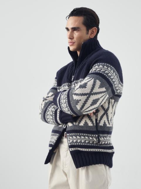 Nordic Jacquard turtleneck cardigan in cashmere with shearling lining