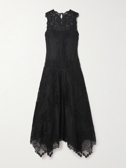 Arlette asymmetric guipure lace-trimmed linen midi dress Black