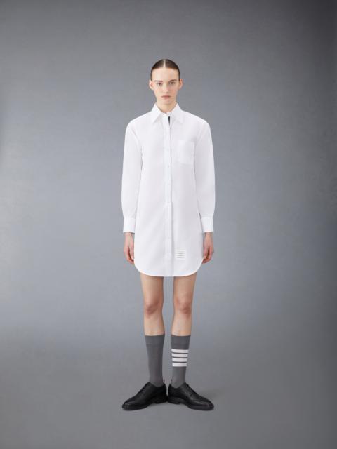 White Solid Poplin Stripe Grosgrain Placket Thigh Length Point Collar Shirtdress