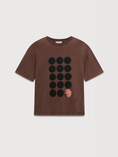 BROWN COTTON T-SHIRT WITH PLANET PRINT
