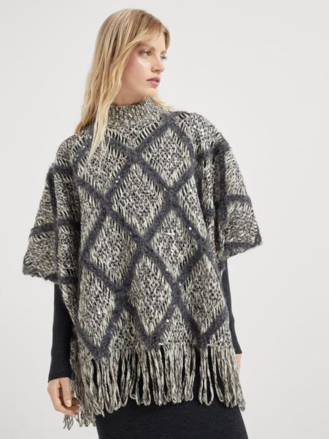 Wool and alpaca knit poncho with dazzling macro argyle embroidery
