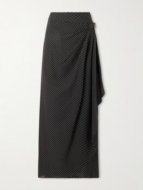 Buckle-detailed Wrap-effect Draped Polka-dot Silk-chiffon Midi Skirt