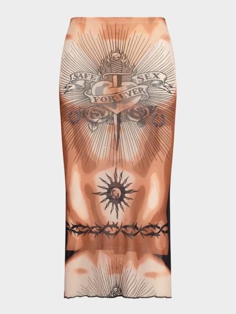 Re-Edition Tattoo-Print Mesh Midi Skirt