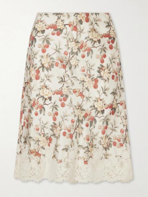 Elowette Lace-trimmed Floral-print Silk-satin Midi Skirt