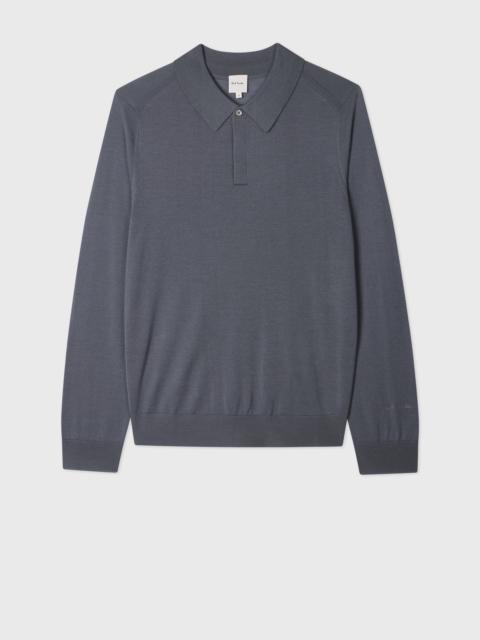 Steel Blue Merino Wool Knitted Long-Sleeve Polo Shirt