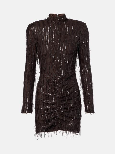 Fringed ruched sequined mesh minidress