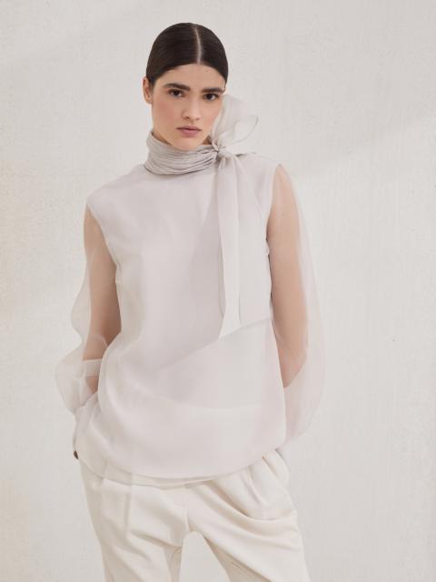 Crispy silk pussybow blouse with monili