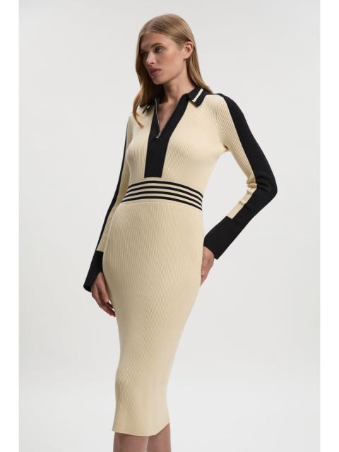 Rib Knit Polo Zip Up Midi Dress