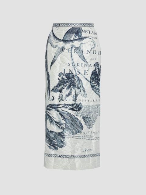 FLORAL PRINT TEXTURED SATIN PENCIL MIDI SKIRT