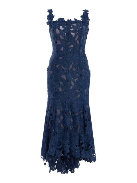 Asymmetric Floral Guipure Midi Dress blue