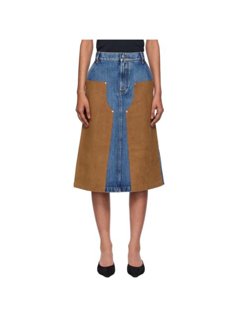 Blue & Tan Mixed Denim & Faux-Suede Midi Skirt