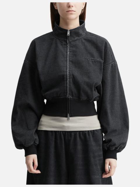 BLACK BRUSHED DENIM FUNNEL NECK JACKET