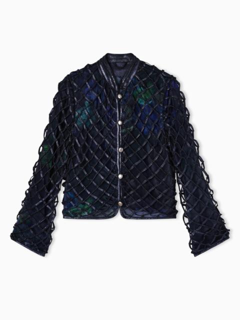 JACKET IN IRIDESCENT WOVEN NAPPA LEATHER AND PRINTED SILK