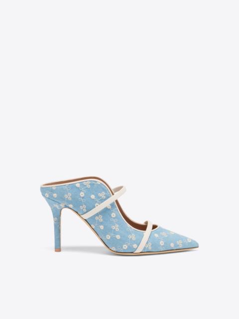 Maureen 85 Blue Floral Denim Heeled Mules