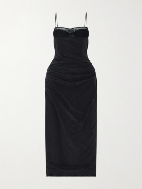 Draped Lace-trimmed Silk-satin Midi Dress