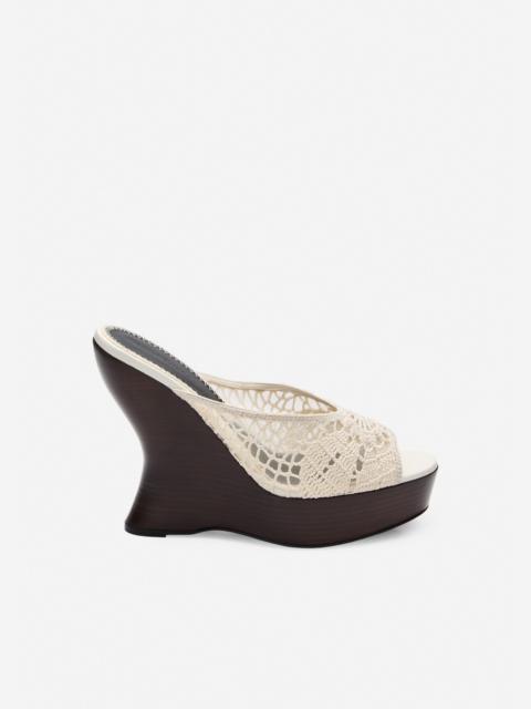 Leather wedge sandals in cream crochet