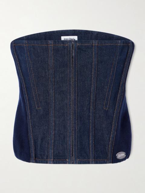 Ribbed Wool-blend Trimmed Denim Corset Top