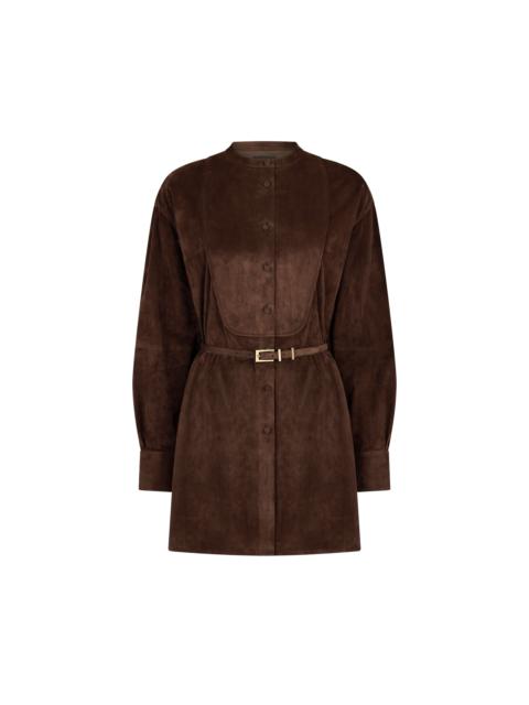 FULL GRAIN LAMB SUEDE BELTED PLASTRON MINI SHIRT DRESS