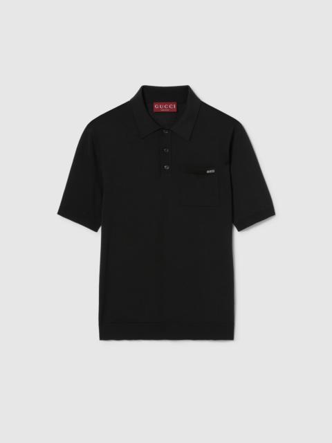 Fine wool knit polo top with intarsia