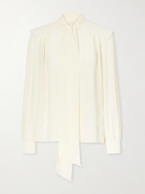 Pussy-bow Crochet-trimmed Silk Crepe De Chine Shirt