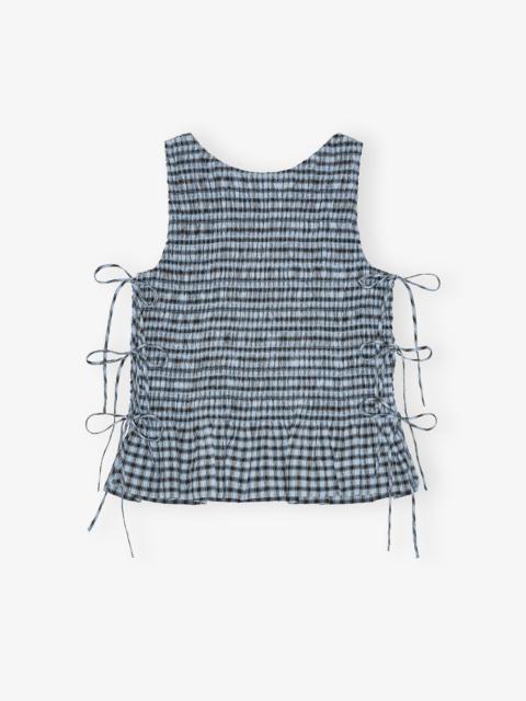 BLUE SEERSUCKER CHECK SMOCK TIE STRING TOP