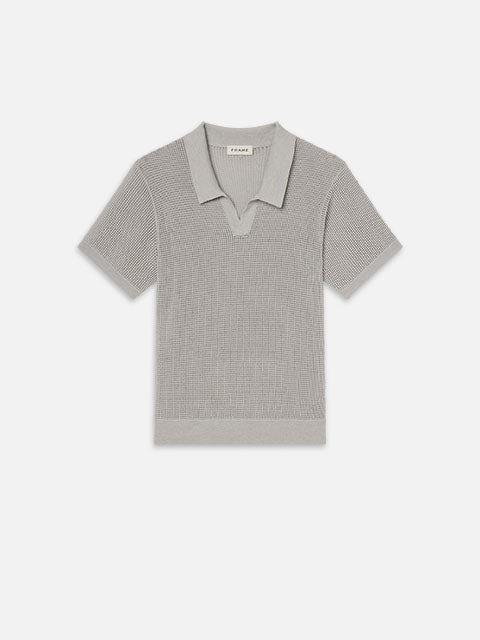 Open Weave Polo Sweater in Grey Blue
