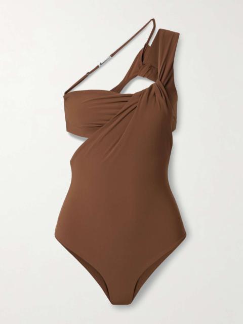 + Jacquemus one-shoulder cutout draped stretch thong bodysuit