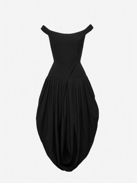 Long off-shoulder draped dress in black